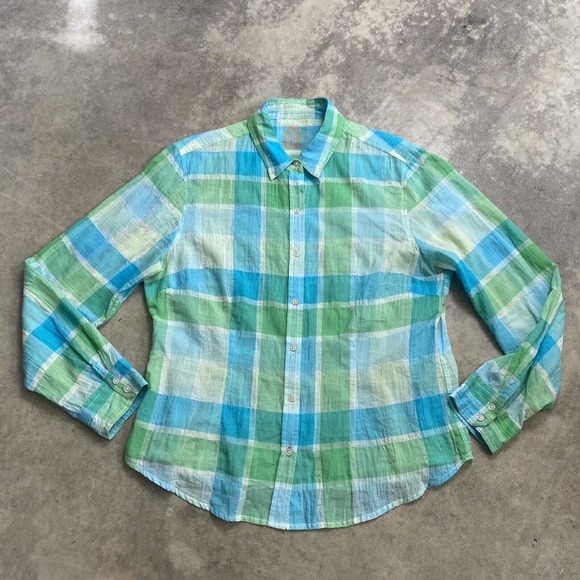 J.Mclaughlin Shirt Womens Size 10 Relaxed Cameron Button Up‎ Blue Green Collared - Picture 1 of 9